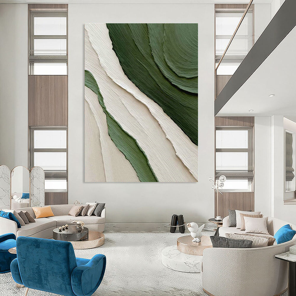 Green and White Textured Waves Art for Modern Beach House & Eco - Friendly Caf茅 DLZ2181