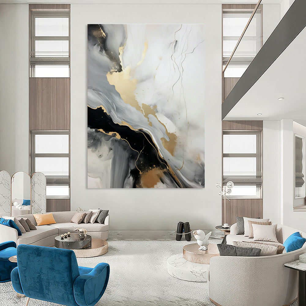 Gold - Gray Ink Abstract Art for Luxury Penthouse & High - End Boutique DLZ0728