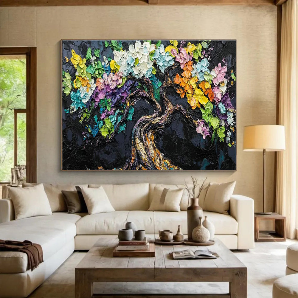 Colorful Tree Black Background Art for Eclectic Home Library Accent Walls DLZ3209