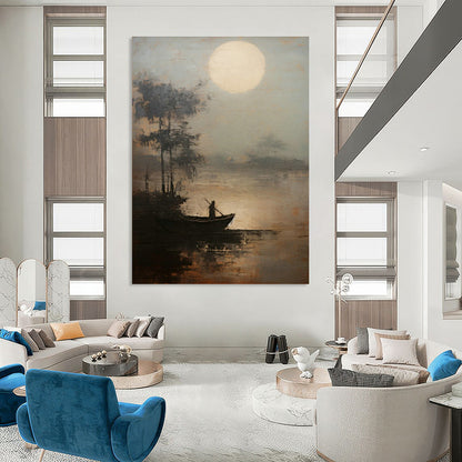 Moonlit Boat Oil Painting for Coastal Bedroom & Zen Meditation Space DLZ0851