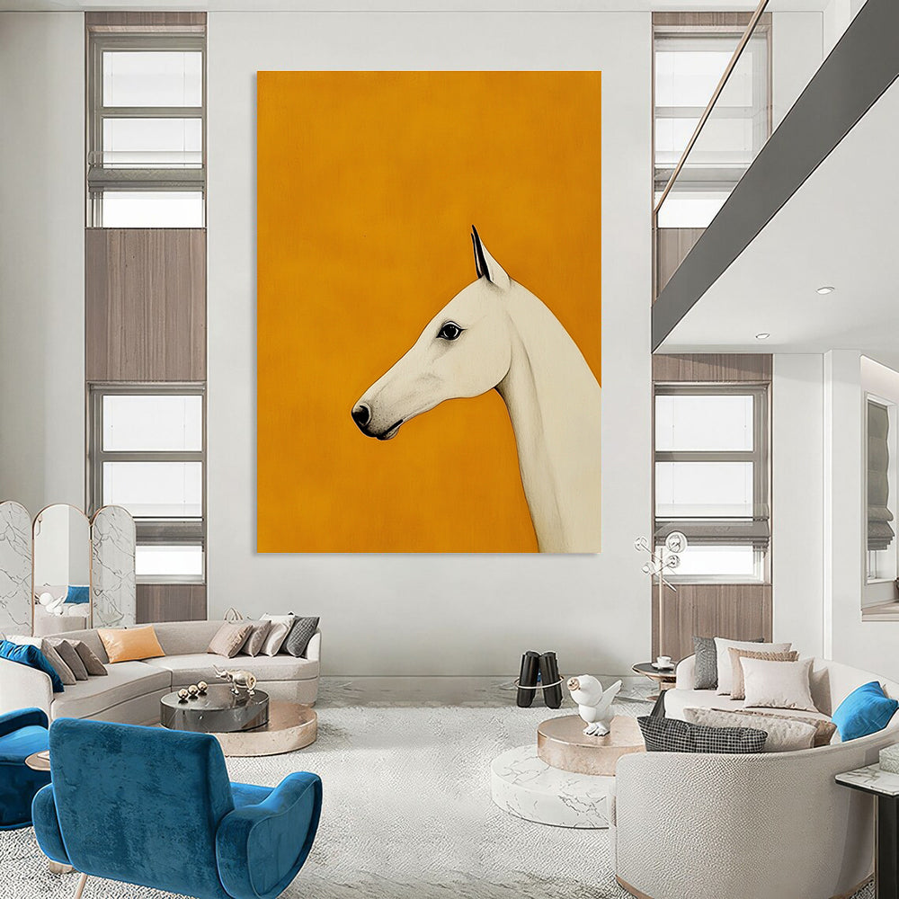 White Horse on Orange Background Art for Equestrian Home Hallway & Modern Art Studio STSC1063