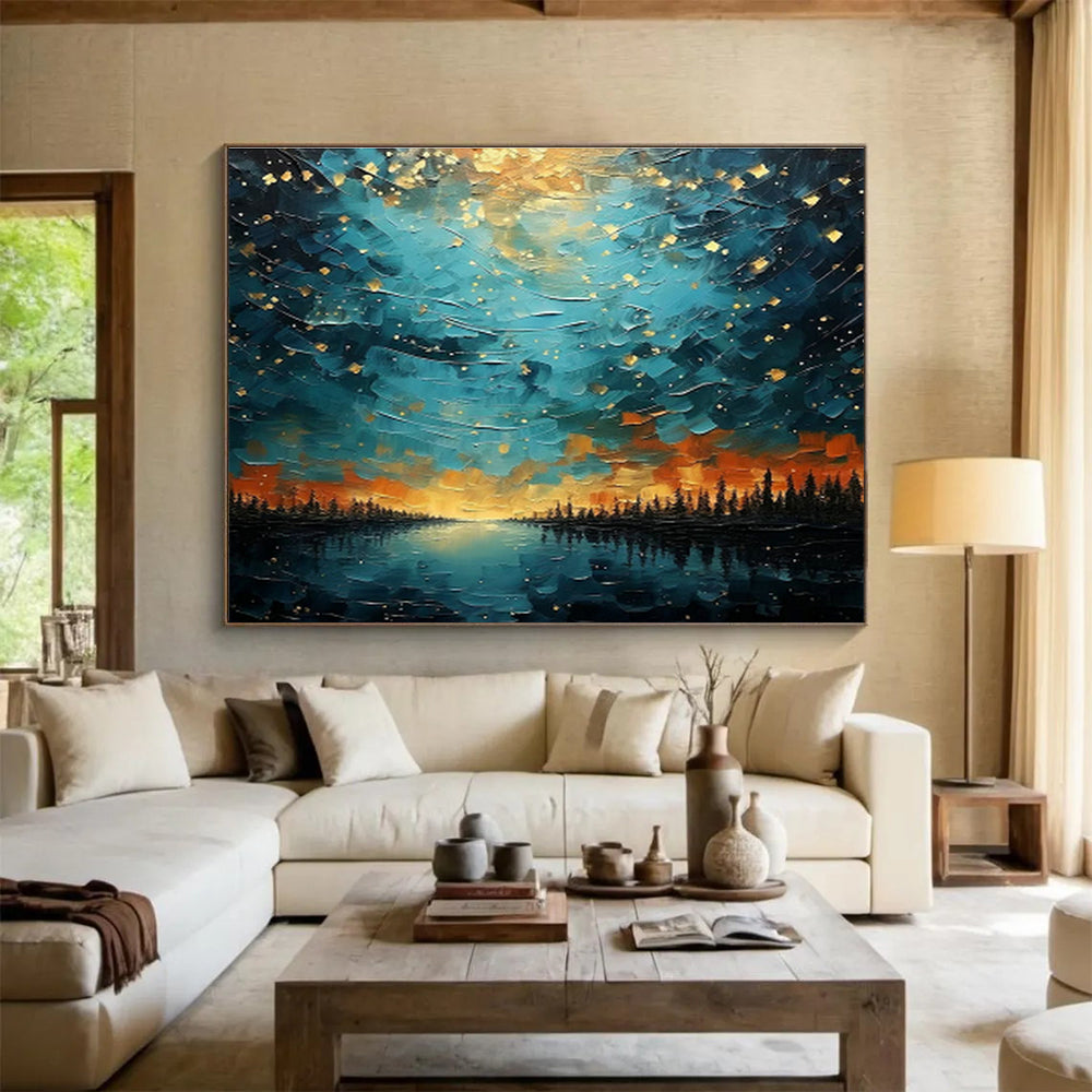 Starry Night Lake Landscape Art for Cosy Cabin Getaways DLZ3090