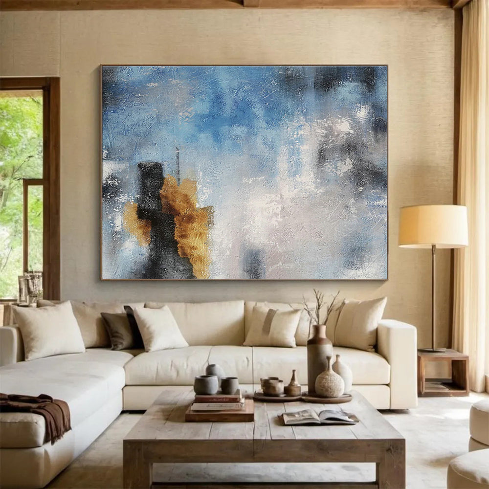 Sophisticated Blue - Gold Abstract Accent for Cultivating a Luxurious Office Atmosphere DLZ3037