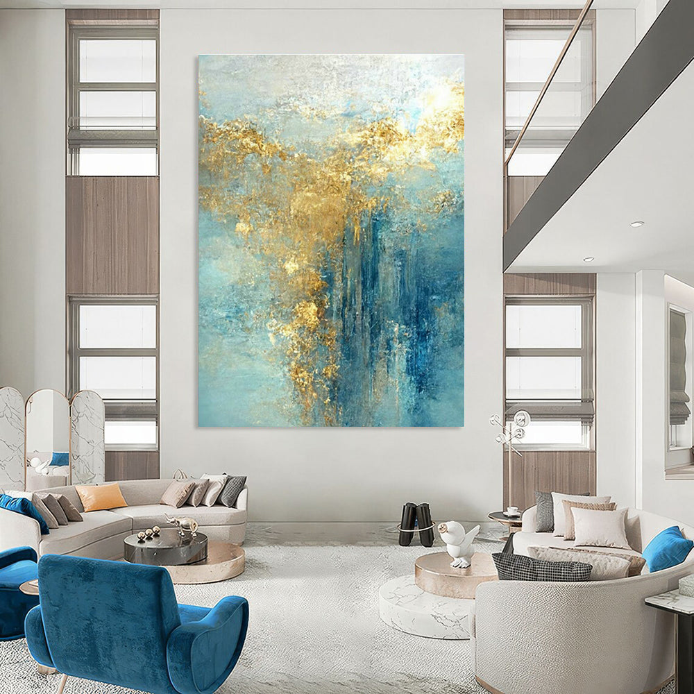 Light Blue - Gold Abstract Art for Lakeside Cottage & Wellness Retreat DLZ1907