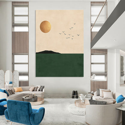 Golden Sun, Birds, and Green Sea Art for Coastal Home Living Area & Wellness Retreat STSC1338
