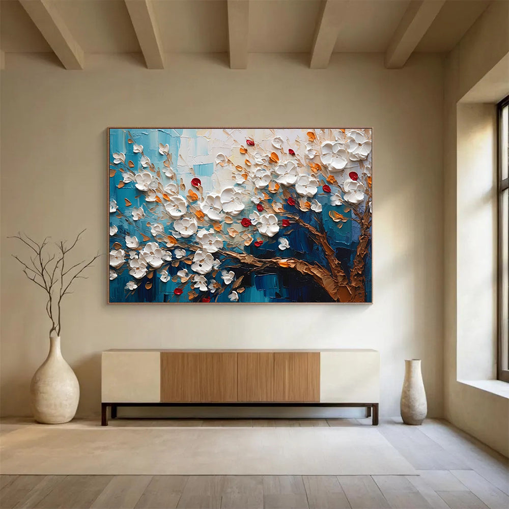 Blue - Background White Flower Tree Art for Coastal Café Outdoor Seating Walls DLZ3272