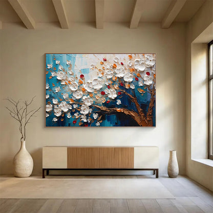 Blue - Background White Flower Tree Art for Coastal Café Outdoor Seating Walls DLZ3272