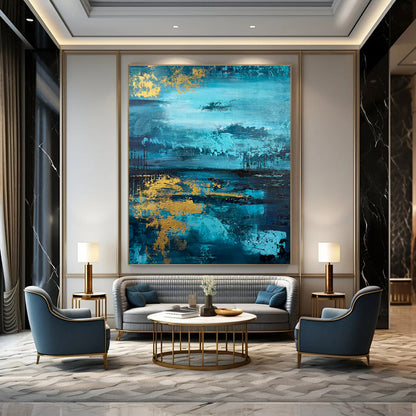 Blue and Gold Waterscape Art for Luxury Living Room & Elegant Hotel Lobby DLZ0740