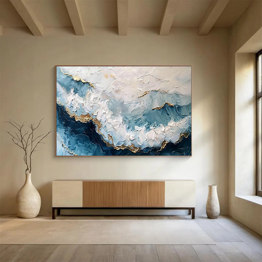 Blue - Gold Ocean Wave Abstract Art for Relaxing Bathroom DLZ2731