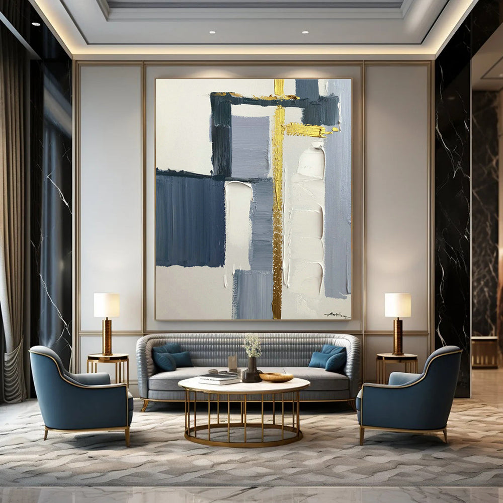 Blue, Gray & Gold Abstract Art for Coastal Home Living Room & High - End Office Waiting Area DLZ0825