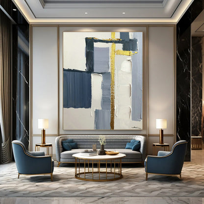 Blue, Gray & Gold Abstract Art for Coastal Home Living Room & High - End Office Waiting Area DLZ0825