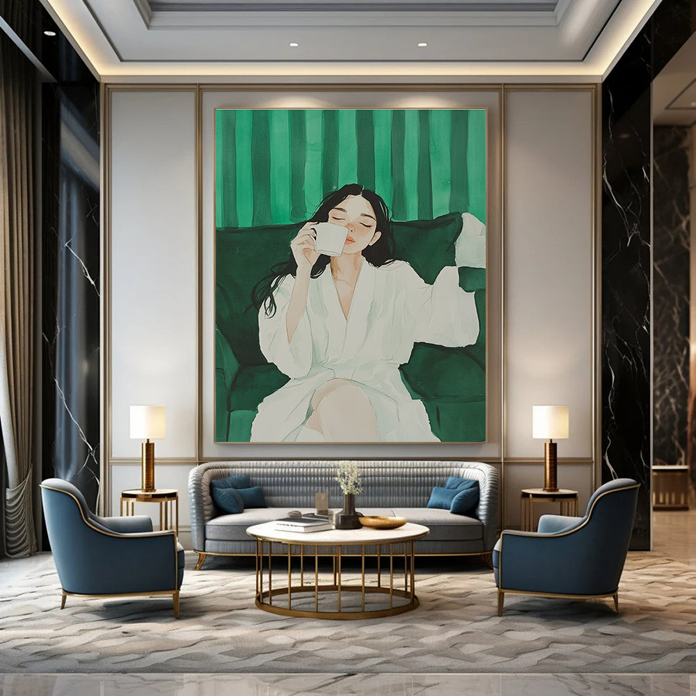Woman in White Robe Drinking Coffee for Serene Home Library & Calming Spa Lounge STSC1002