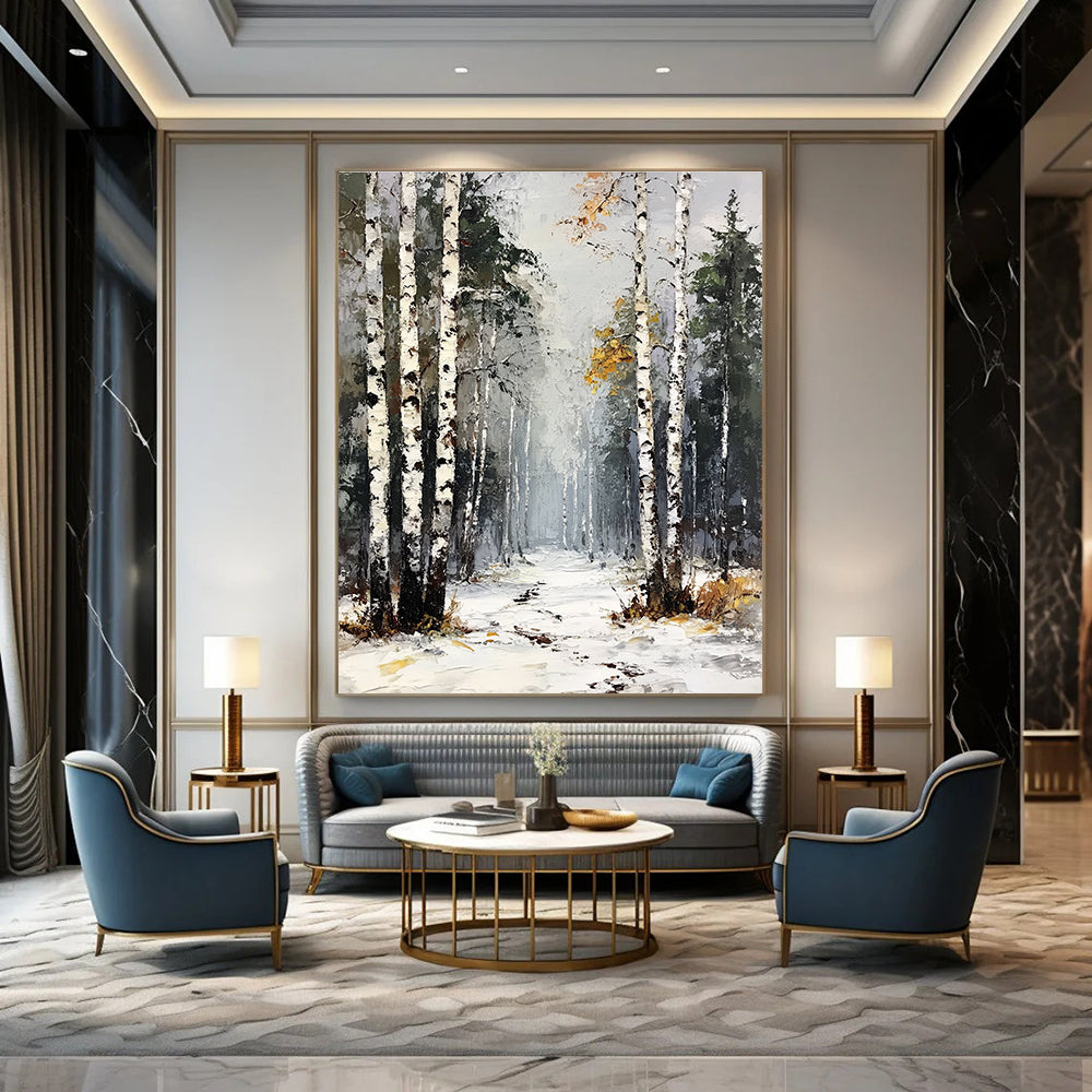 Snowy Birch Forest Path 3 Art for Mountain Chalet & Nature - Inspired Living Room STSC1386