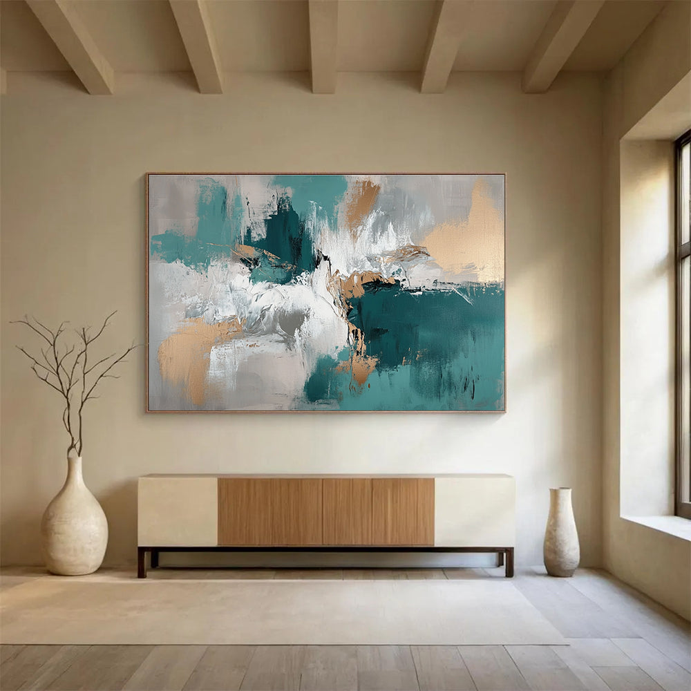 Teal - Gold Abstract Fusion Art for Luxury Hotel Ballroom & Upscale Home Dining Room SC243
