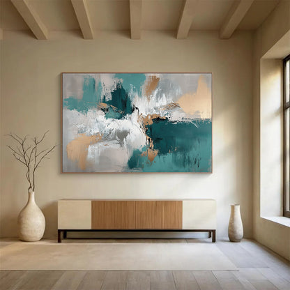 Teal - Gold Abstract Fusion Art for Luxury Hotel Ballroom & Upscale Home Dining Room SC243
