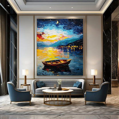 Colorful Night Lake with Boat for Lakeside Lodge & Romantic Dining Room STSC1132