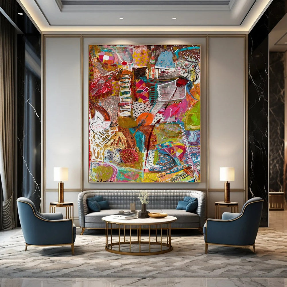 Colorful Abstract Collage Art for Creative Collective Space & Vibrant Home Living Room DLZ1985