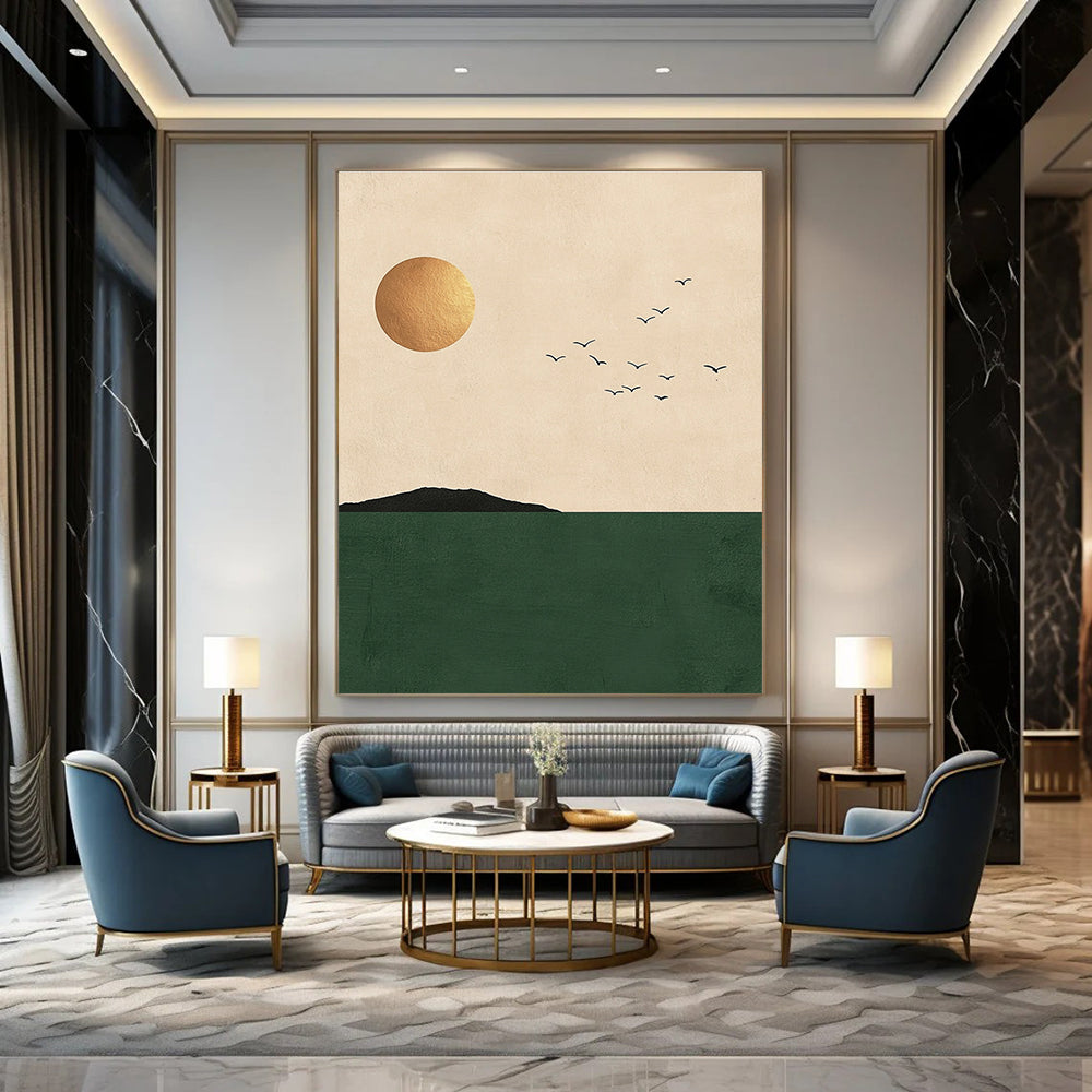 Golden Sun, Birds, and Green Sea Art for Coastal Home Living Area & Wellness Retreat STSC1338