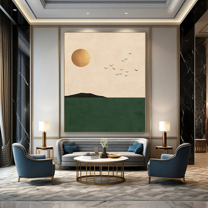 Golden Sun, Birds, and Green Sea Art for Coastal Home Living Area & Wellness Retreat STSC1338