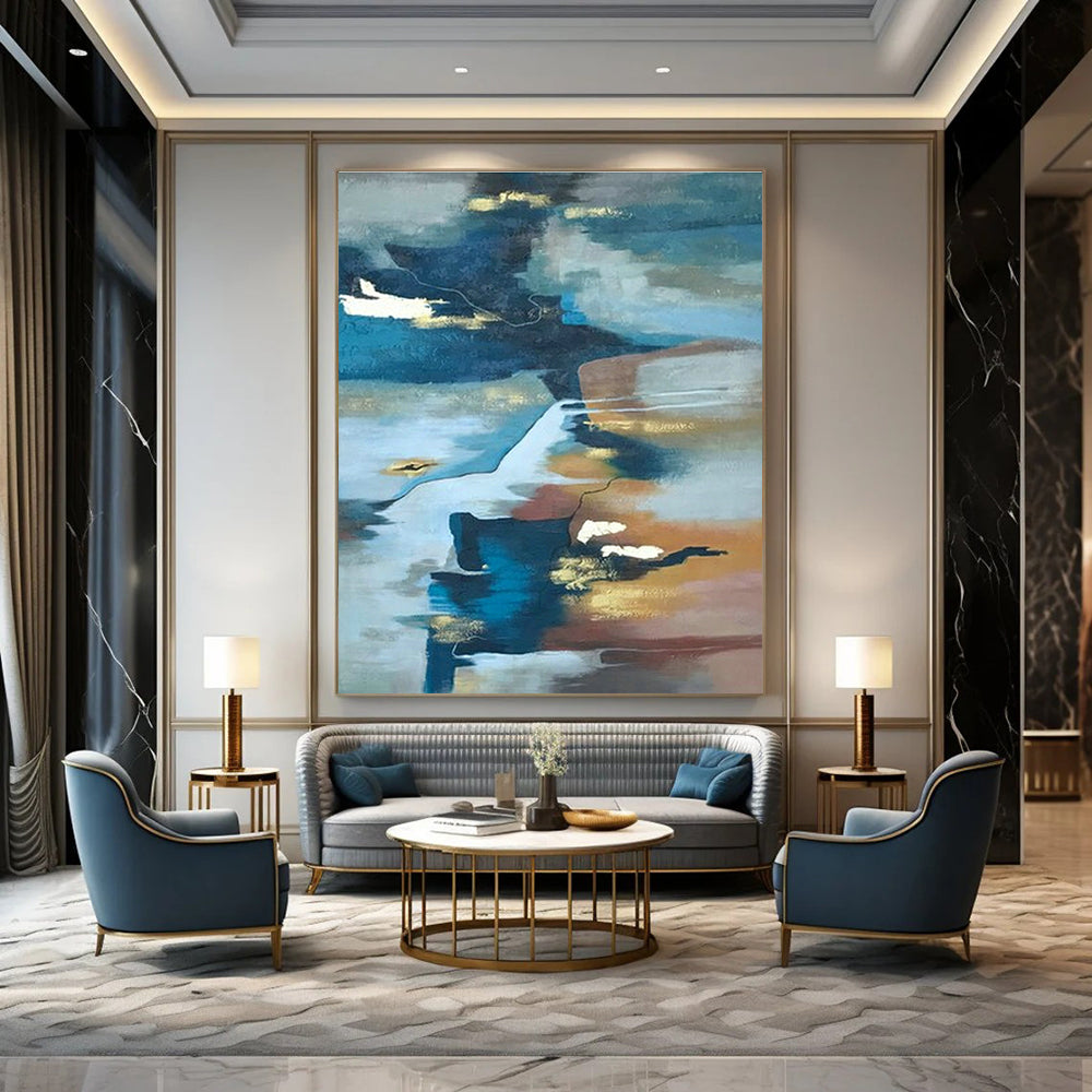 Blue - Gold - Brown Abstract Art for Riverside Residence & Sophisticated Lounge DLZ1903