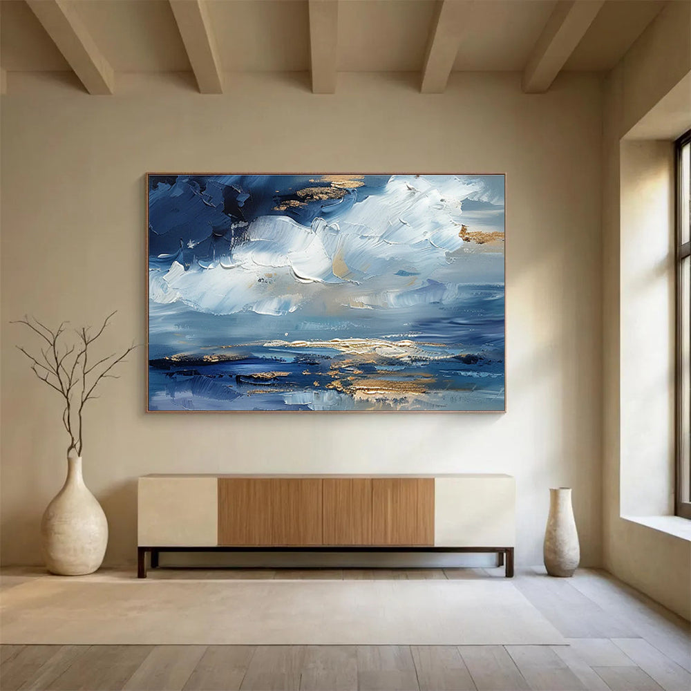 Impasto Blue - Gold Cloud Art for Serene Home Office Focus DLZ3068