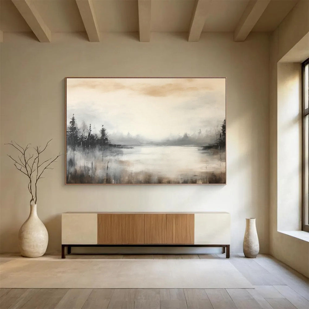 Misty Forest Lake Abstract Art for Serene Bedroom Retreat DLZ2713