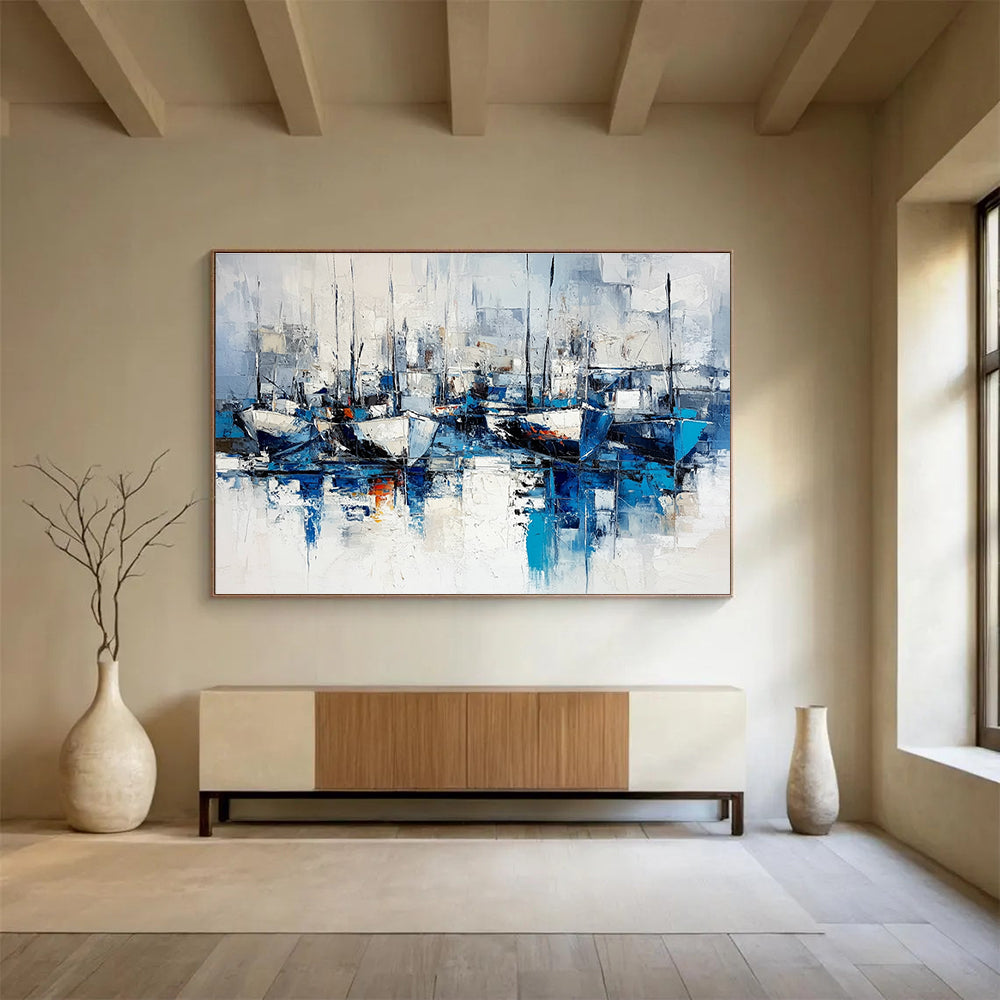 Abstract Boats in Harbor Art for Nautical - Themed Restaurant & Coastal Home SC030