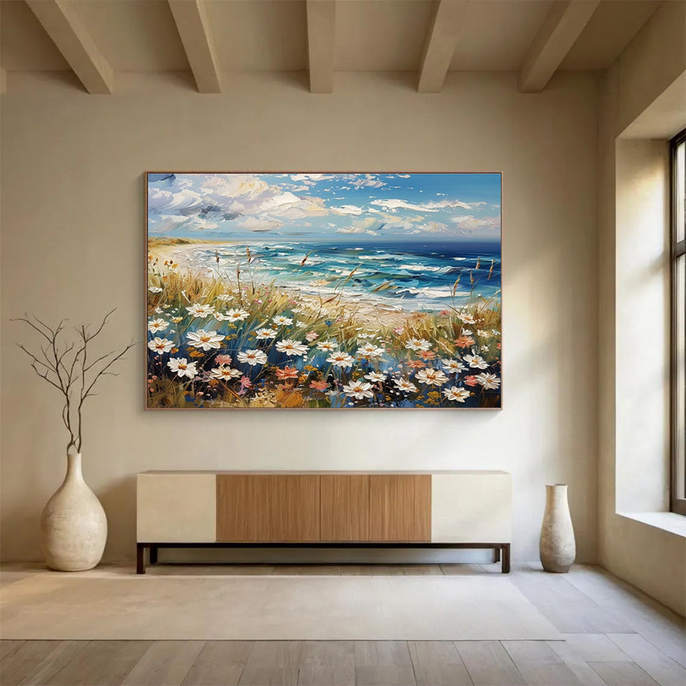 Seaside Flower Field Oil Painting for Relaxing Beach House Bedrooms DLZ2639