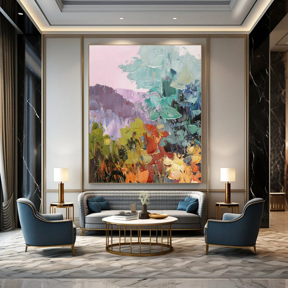 Pink - Purple Landscape Oil Painting for Bohemian Bedroom & Floral Tea Room DLZ1285
