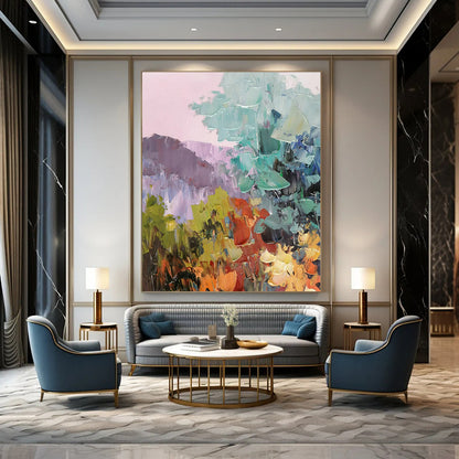 Pink - Purple Landscape Oil Painting for Bohemian Bedroom & Floral Tea Room DLZ1285