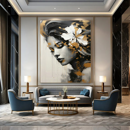 Gold - White Flower Female Portrait for Luxury Beauty Salon & Art - Inspired Home DLZ1822