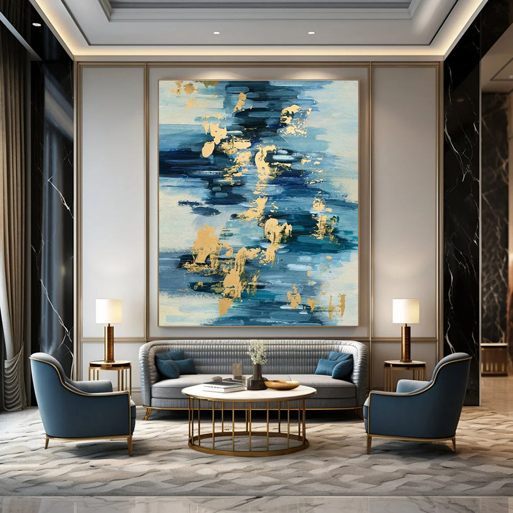 Gold - Blue Water Ripple Abstract for Beachfront Resort Lobby & Coastal Art Gallery DLZ0938