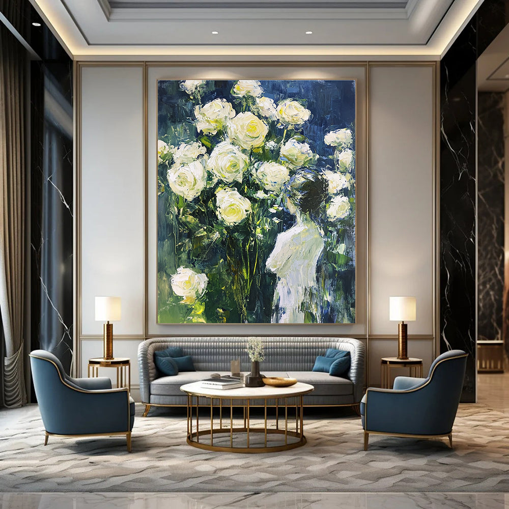 Woman and White Roses Impressionistic Floral Art for Romantic Home Bedroom & Garden - Themed Home Salon STSC1489