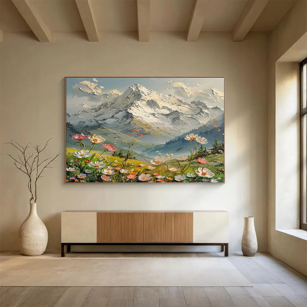 Snowy Mountain & Wildflower Field Art for Inspirational Home Office DLZ3058