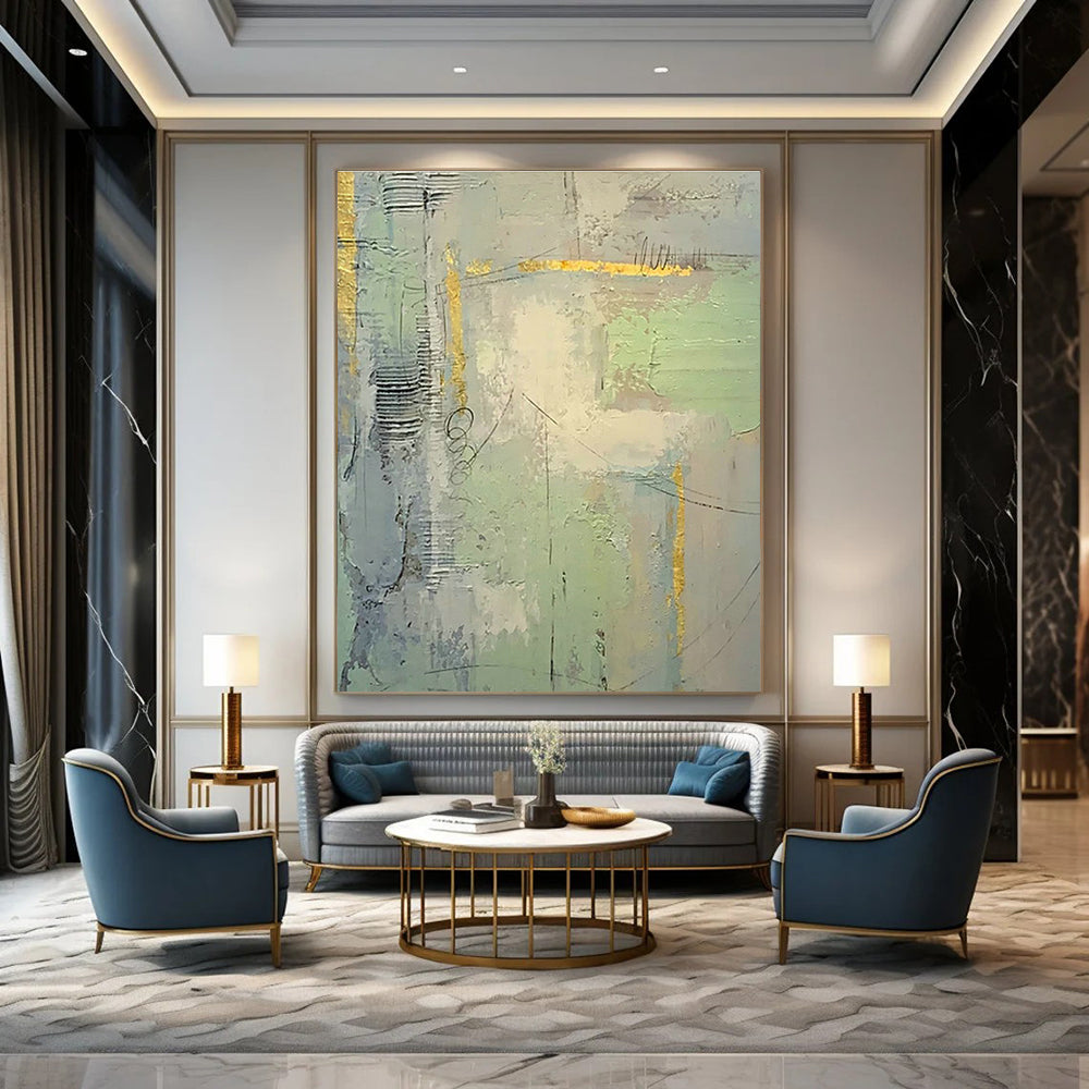 Light Green Abstract Art with Gold Patterns for Sunroom & Cafe DLZ0566