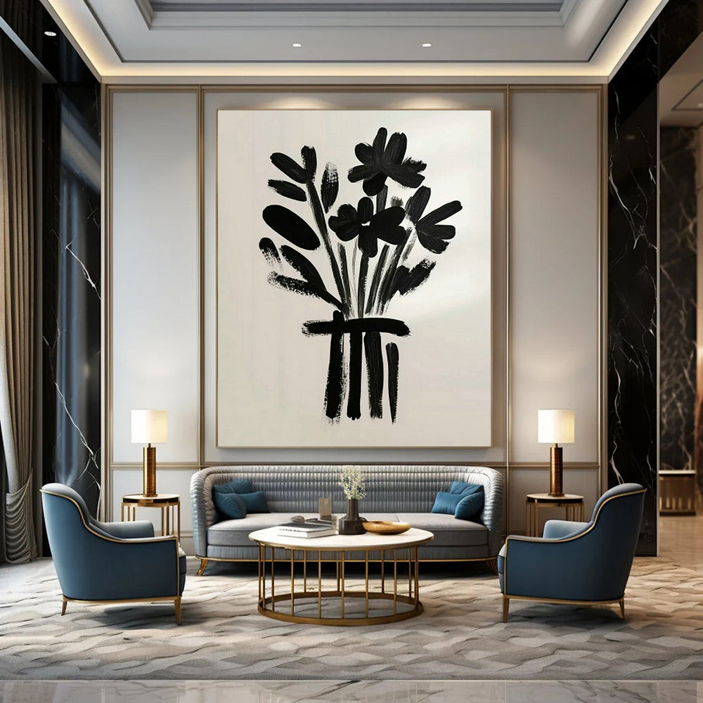 Black Floral Bouquet Art for Minimalist Dining Room & Monochrome Retail Store DLZ0698