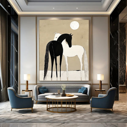 Black and White Horses Under Moon for Minimalist Bedroom & Spiritual Retreat Center STSC915