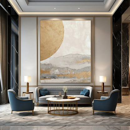 Gold Moon and Mountain Abstract Art for Zen - Inspired Spa & Asian - Inspired Home Living Room DLZ1625