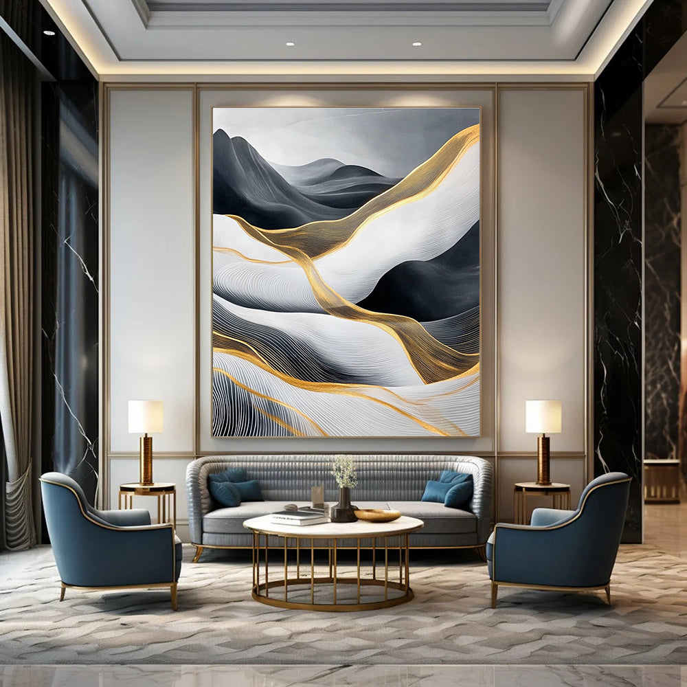 Black, White, and Gold Abstract Waves for Opulent Living Room & High - End Hotel Lobby STSC358