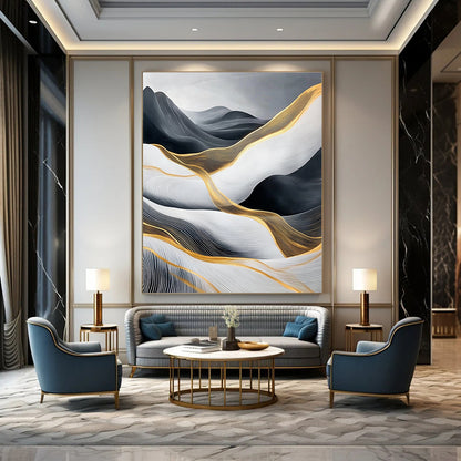 Black, White, and Gold Abstract Waves for Opulent Living Room & High - End Hotel Lobby STSC358