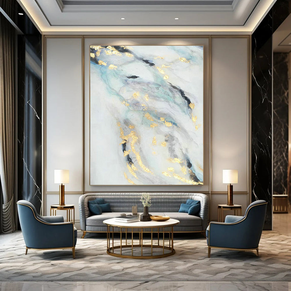 Blue - Gold Ink - Style Abstract Art for Asian - Fusion Restaurant & Zen - Inspired Home DLZ0666