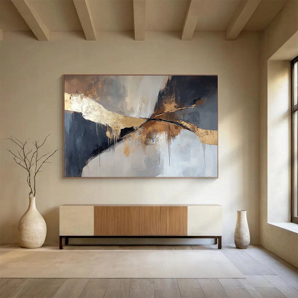 Gray, Black & Gold Abstract Flow Art for Sophisticated Boardroom & Elegant Living Room SC327