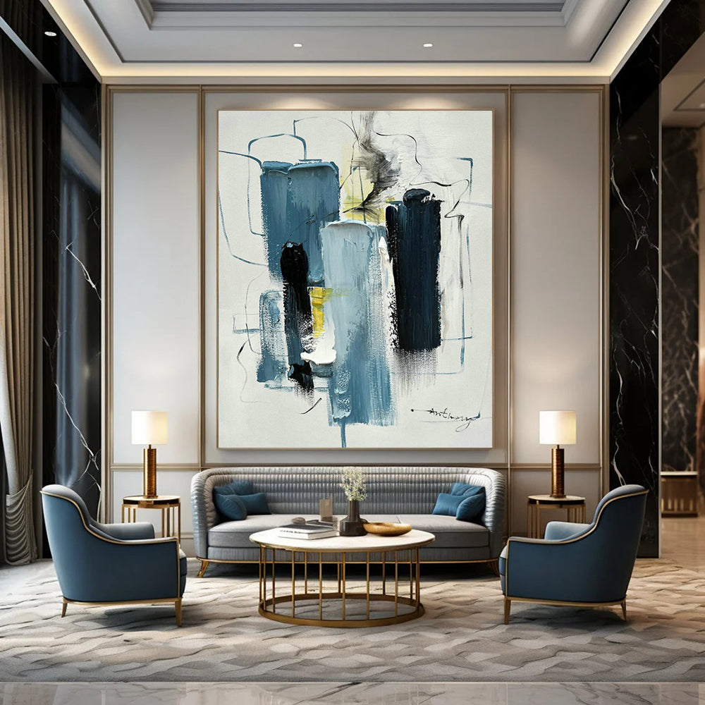 Blue, Black & White Abstract Art for Nautical - Themed Home Office & Minimalist Art Gallery DLZ0827