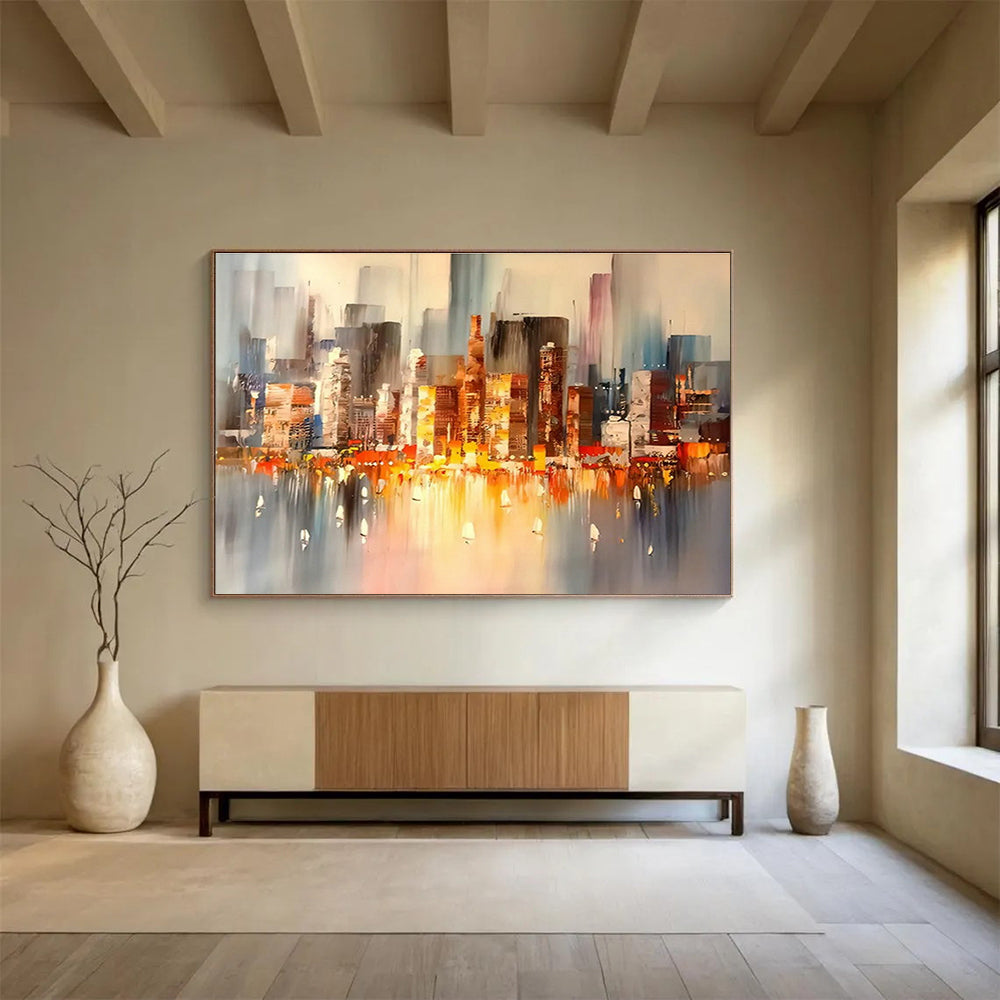 City Night View Abstract Art for Modern Penthouse Living Room Walls DLZ3283