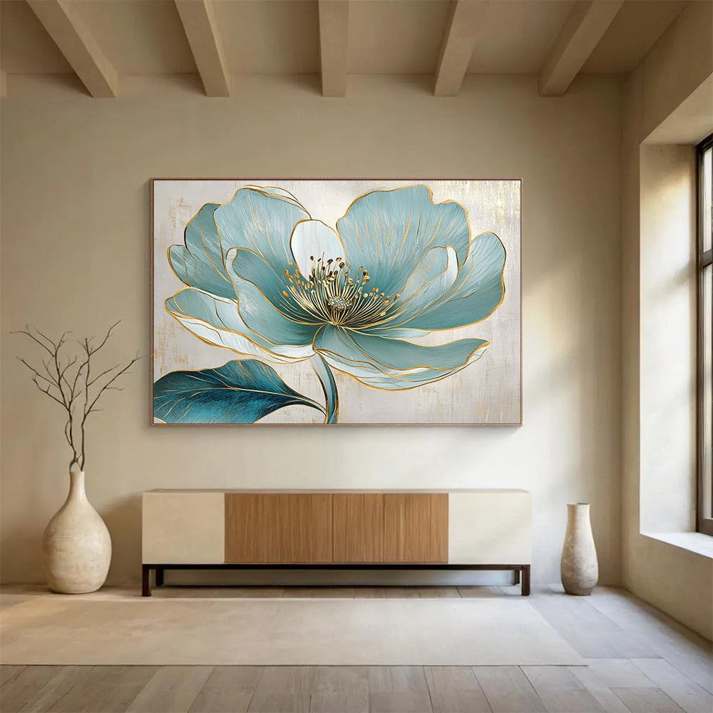 Blue Flower with Gold Accents Art for Luxury Home Bedroom & High - End Spa SC423