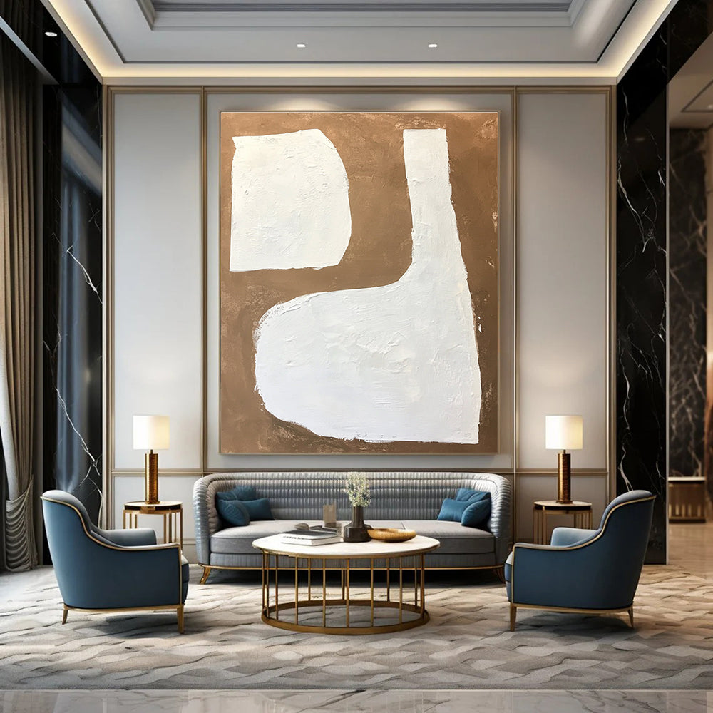 White Shapes on Brown Abstract Geometric Art for Modern Home Lobby & Avant - Garde Home Library STSC1484