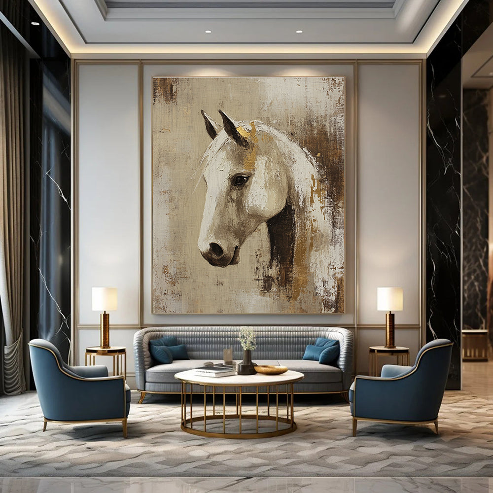 Elegant White Horse with Gold Accents Art for Equestrian Club Lounge & Sophisticated Living Room STSC143