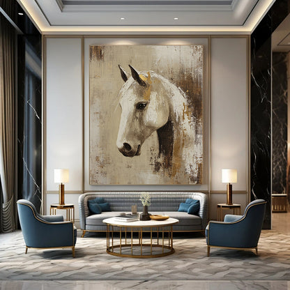 Elegant White Horse with Gold Accents Art for Equestrian Club Lounge & Sophisticated Living Room STSC143