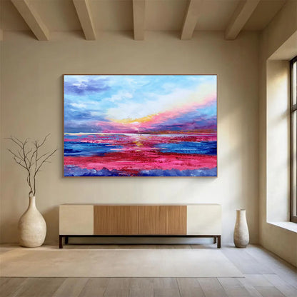 Pink - Purple Seaside Oil Painting for Relaxing Beach House Bedrooms DLZ2671