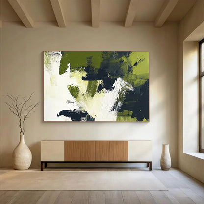 Green - Black Abstract Brushstrokes Art for Eco - Friendly Café & Modern Garden - Themed Office SC248